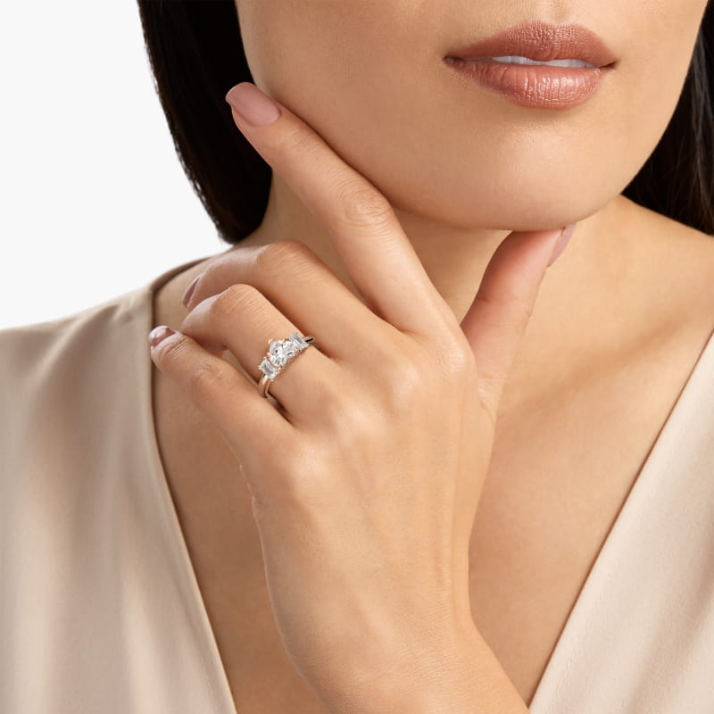 Three-Stone Emerald Cut Lab-Grown Diamond Engagement Ring in 14k Rose Gold (5/8 ct. tw.)