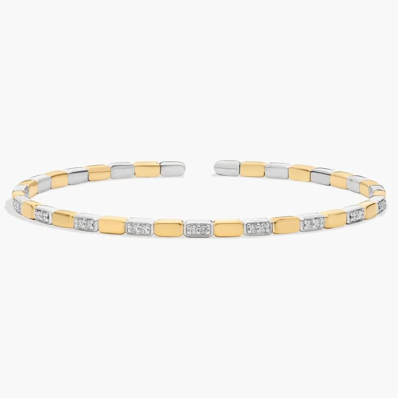 Alternating Diamond and Rectangle Flex Bangle Bracelet in 14k White and Yellow Gold (1/5 ct. tw.)