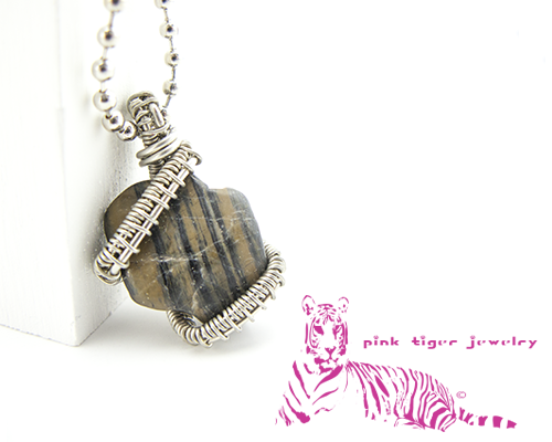 UniSex Brown Striped Silver Tone Wire Weave Pendant