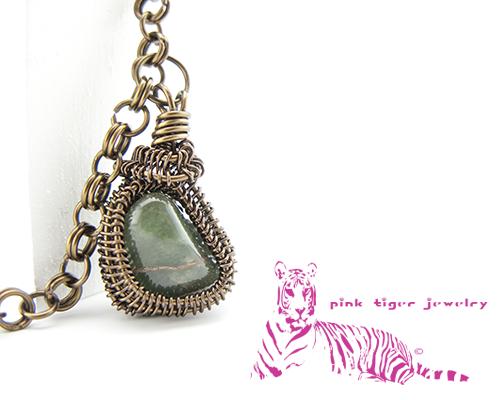 Green Jasper Vintage Copper Pendant with 2 in 1 Chainmaille