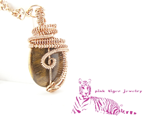 Natural Copper Tigers Eye Wire Weave Pendant with Infinity Chain